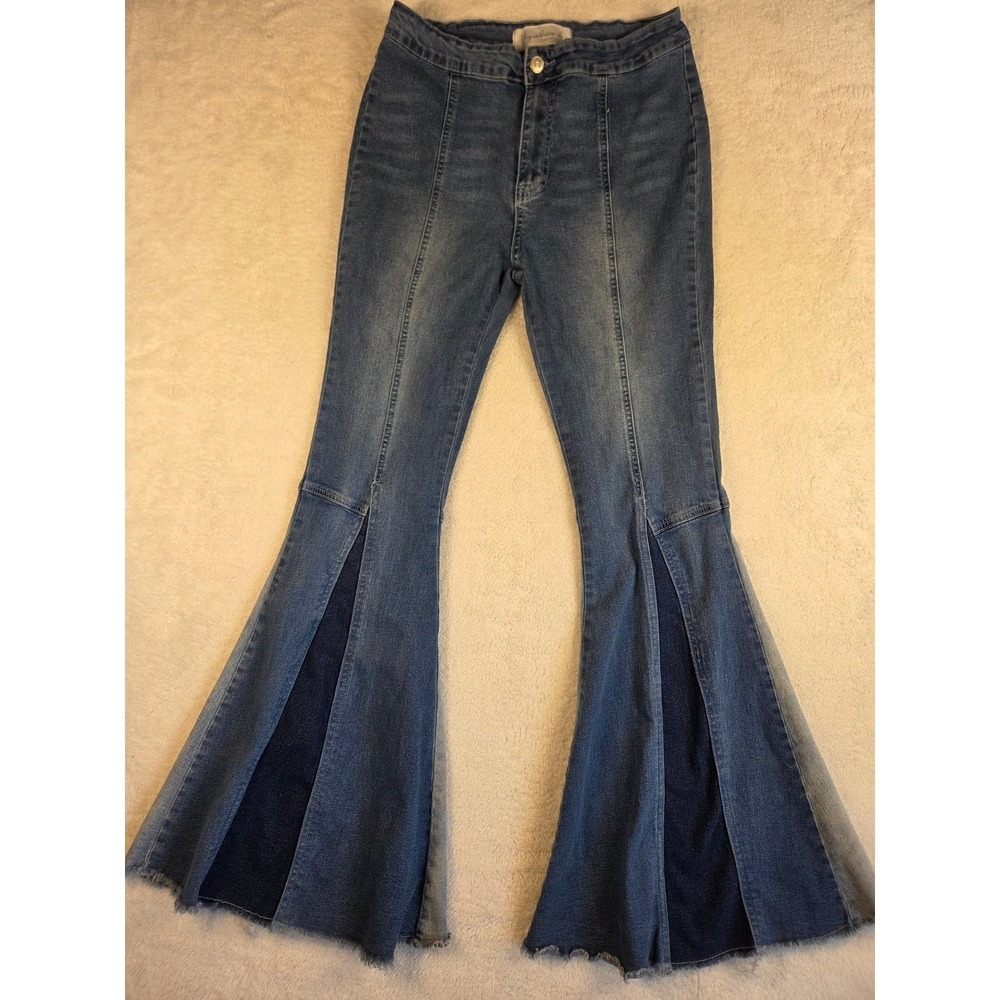Big Water Blue High Rise Flare Bell Bottom Jeans Blue Multi Tone Raw Hem
